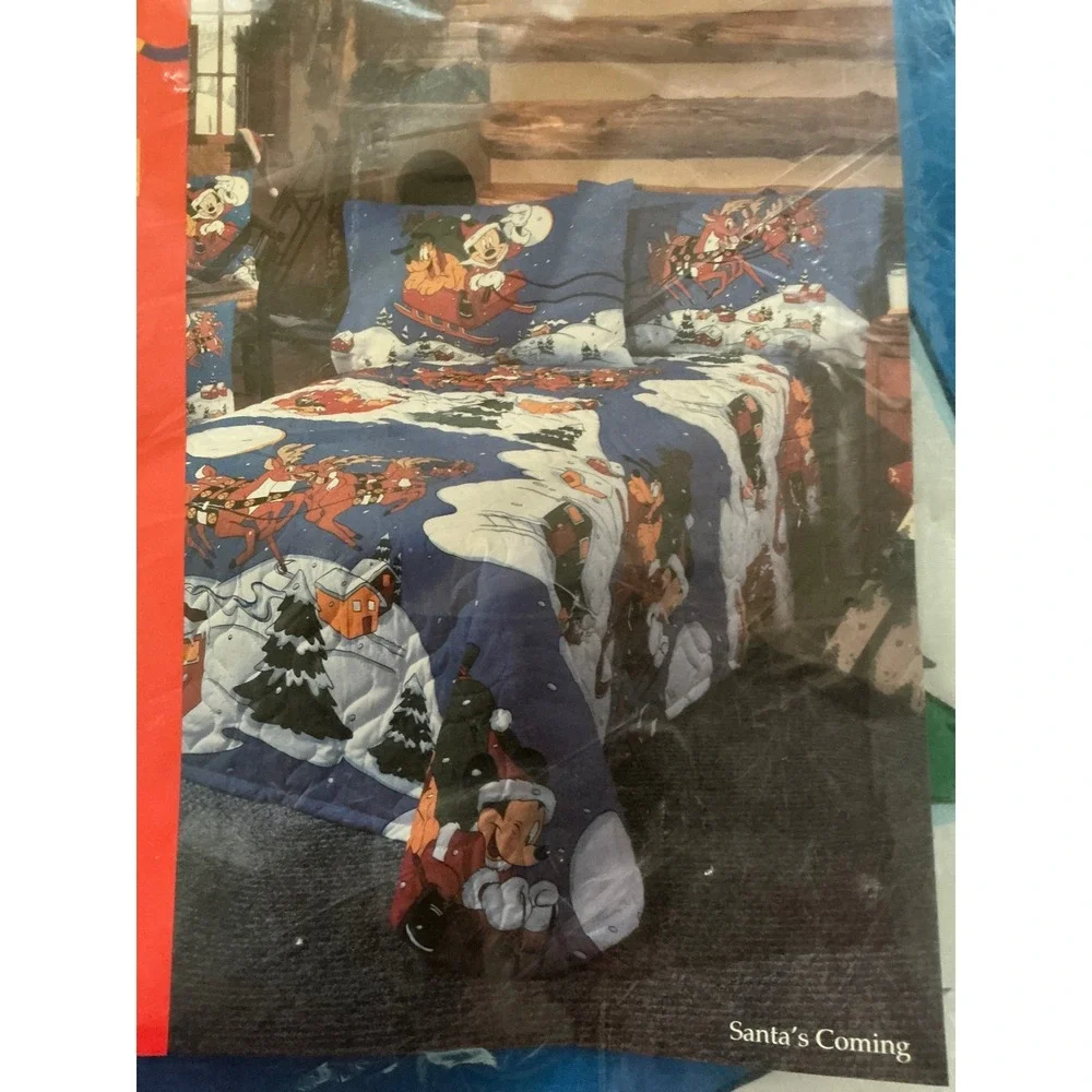 Disney Mickey Mouse Vintage Holiday Bedspread Twin Santa's Coming Reindeer Blue
